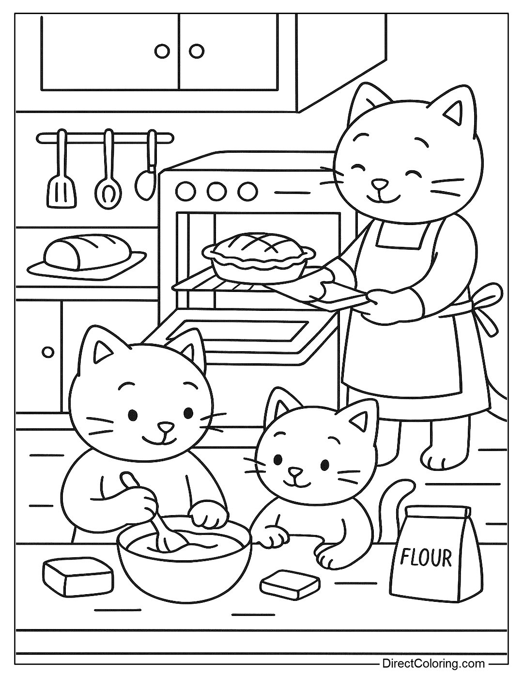coloring page A cat family baking together in the kitchen, the cat mom bakes, the kittens mix the dough